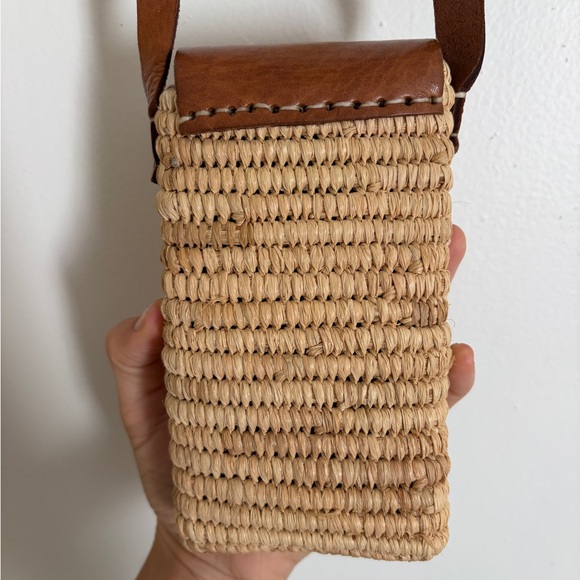 Woven Straw Crossbody Phone Bag with Brown Leather Flap - Picture 2 of 3